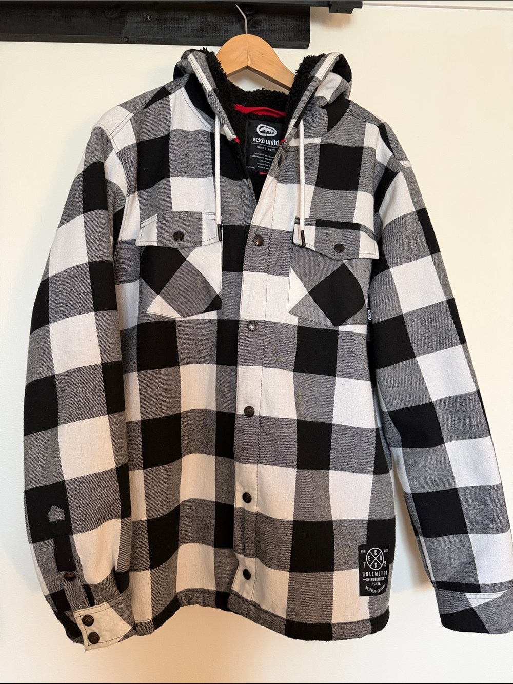 Ecko Unlimited Black & White Buffalo Plaid Hooded Puffer